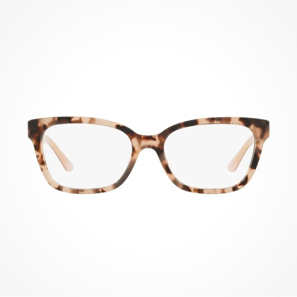 TORY BURCH tortoise frame and blush arm glasses.